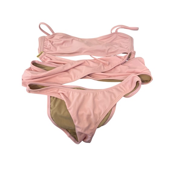Bissy Swim Pink Bikini Set Medium 3 Piece Bathing Suit Two Tops One Bottom - Picture 1 of 10